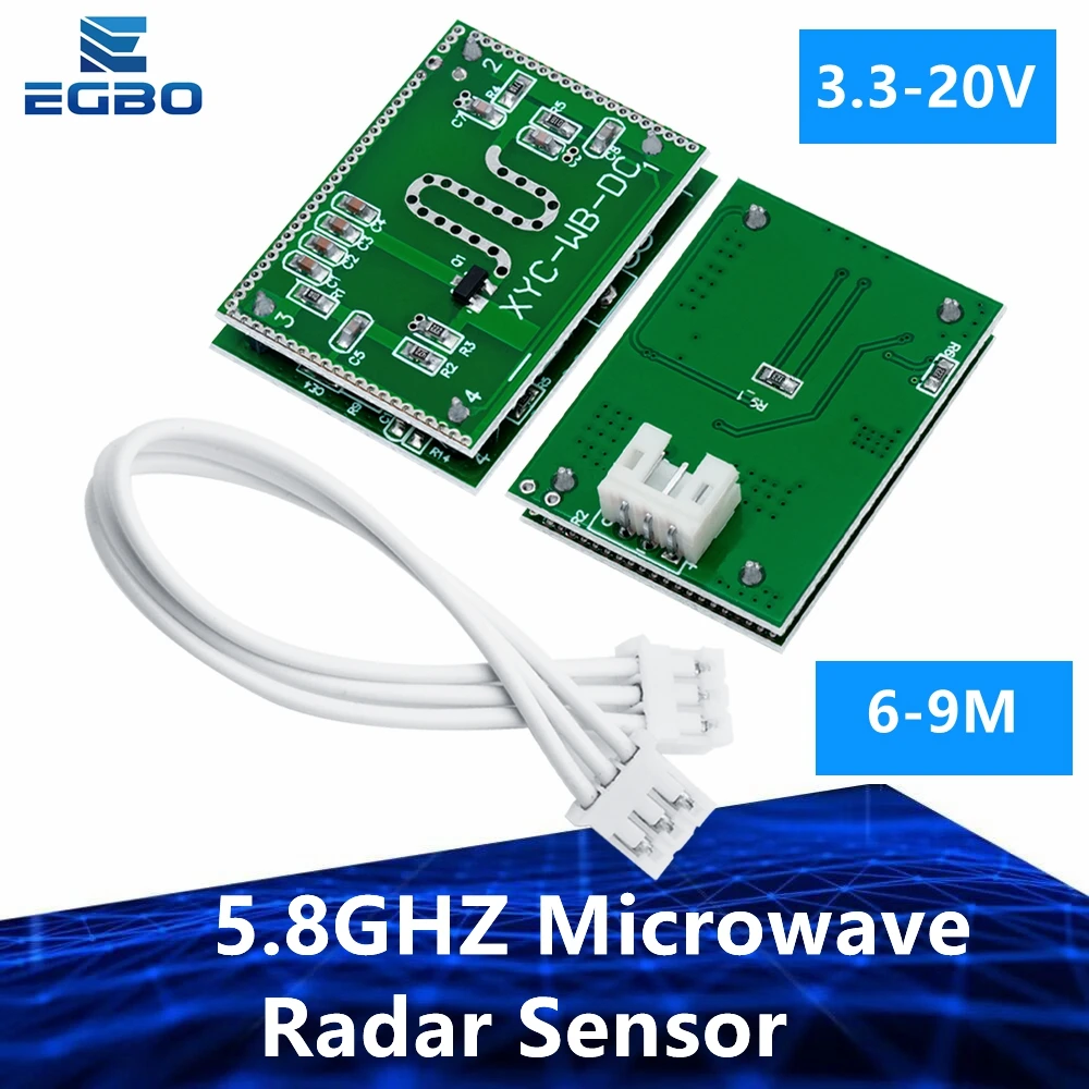 EGBO 1ШТ, сильная защита от помех! Микроволновый радарный датчик с частотой 5,8 ГГц, 6-9 м, модуль интеллектуального триггерного переключателя 3,3-20 В постоянного тока для домашнего управления 0