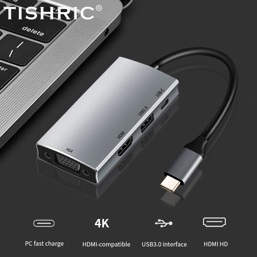 TISHRIC 4 в 1 USB-КОНЦЕНТРАТОР Type C Адаптер / Разветвитель С несколькими портами Док-станция, совместимая с Type-C с HDMI, VGA, Питанием PD, КОНЦЕНТРАТОР USB 3.0