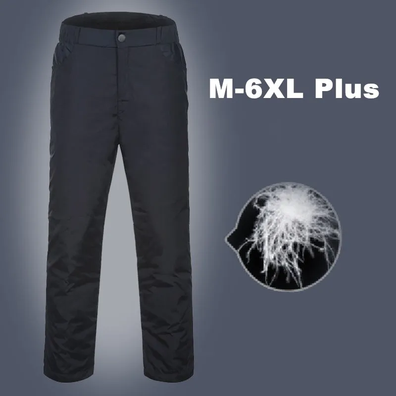 Мужские пуховые хлопчатобумажные брюки 6XL Плюс размер, повседневные свободные пуховые брюки с высокой талией, Зимние толстые теплые водонепроницаемые лыжные брюки для пеших прогулок на открытом воздухе 0