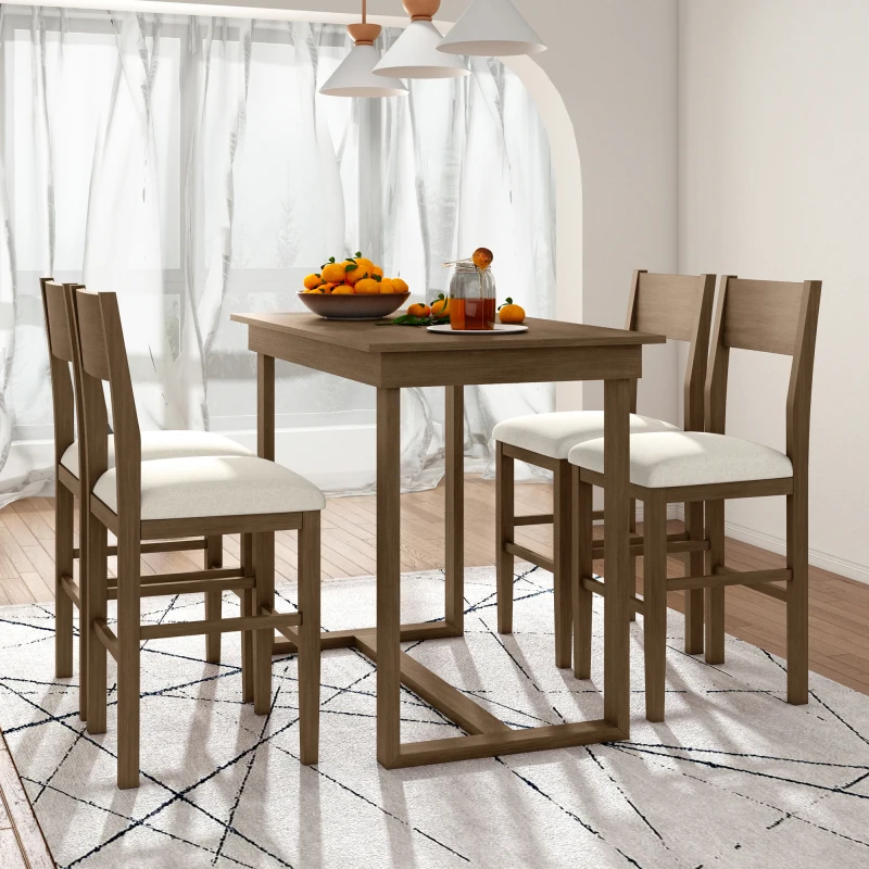 Обеденный стол высотой со столешницу в фермерском доме из 5 предметов, 1 прямоугольный обеденный стол и 4 обеденных стула для небольших помещений, коричневый 0
